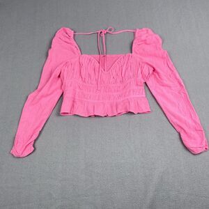 Free People Women's size M Chloe Puff Sleeve Smocked Tie Neck Cotton Top Pink